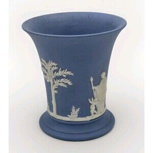 Vintage England Wedgewood Jasperware Blue White Ceramic Flare Vase 3.75" Tall